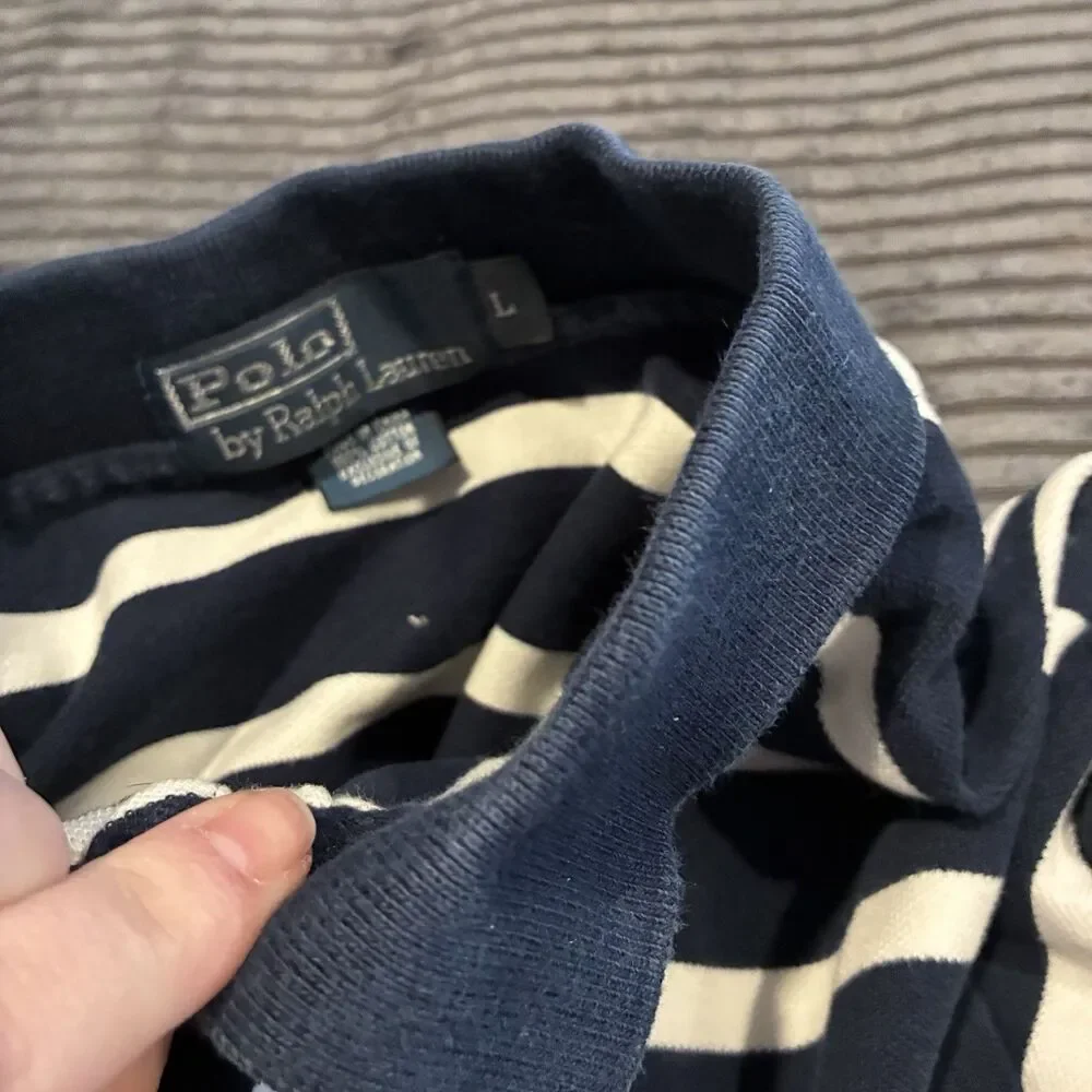 Vintage Polo Ralph Lauren Navy Blue Stripe Short Sleeve Polo Mens Size Large